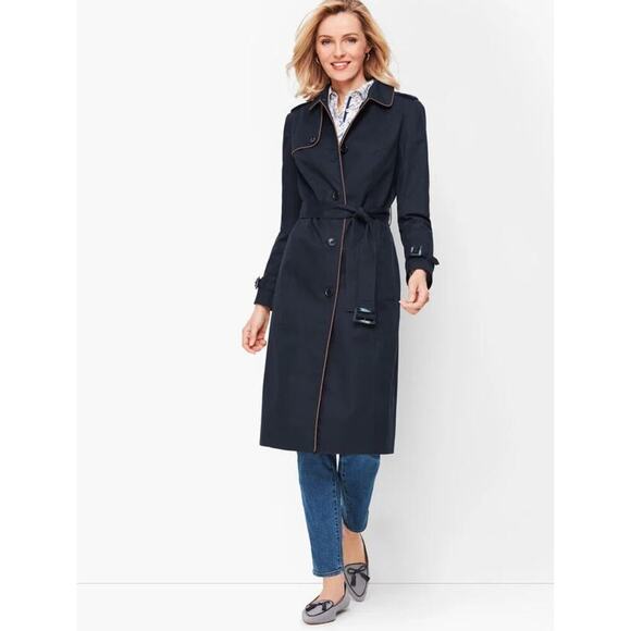 TALBOTS Piped Trench Coat Navy Blue Brown Size XS Preppy Classy Chic All Weather - Picture 1 of 9